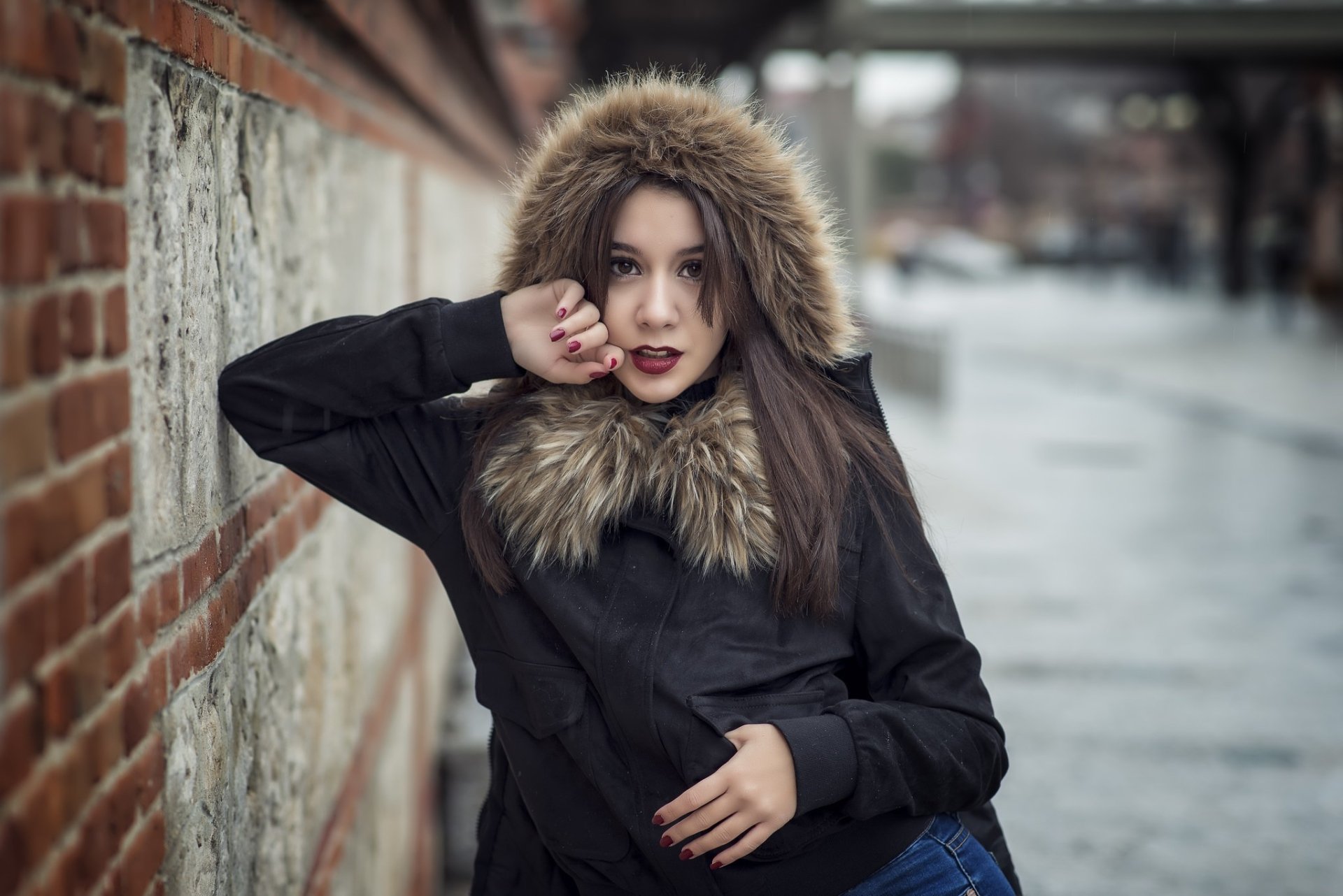 Download Brown Eyes Lipstick Brunette Depth Of Field Woman Model HD Wallpaper by Javier Garrido