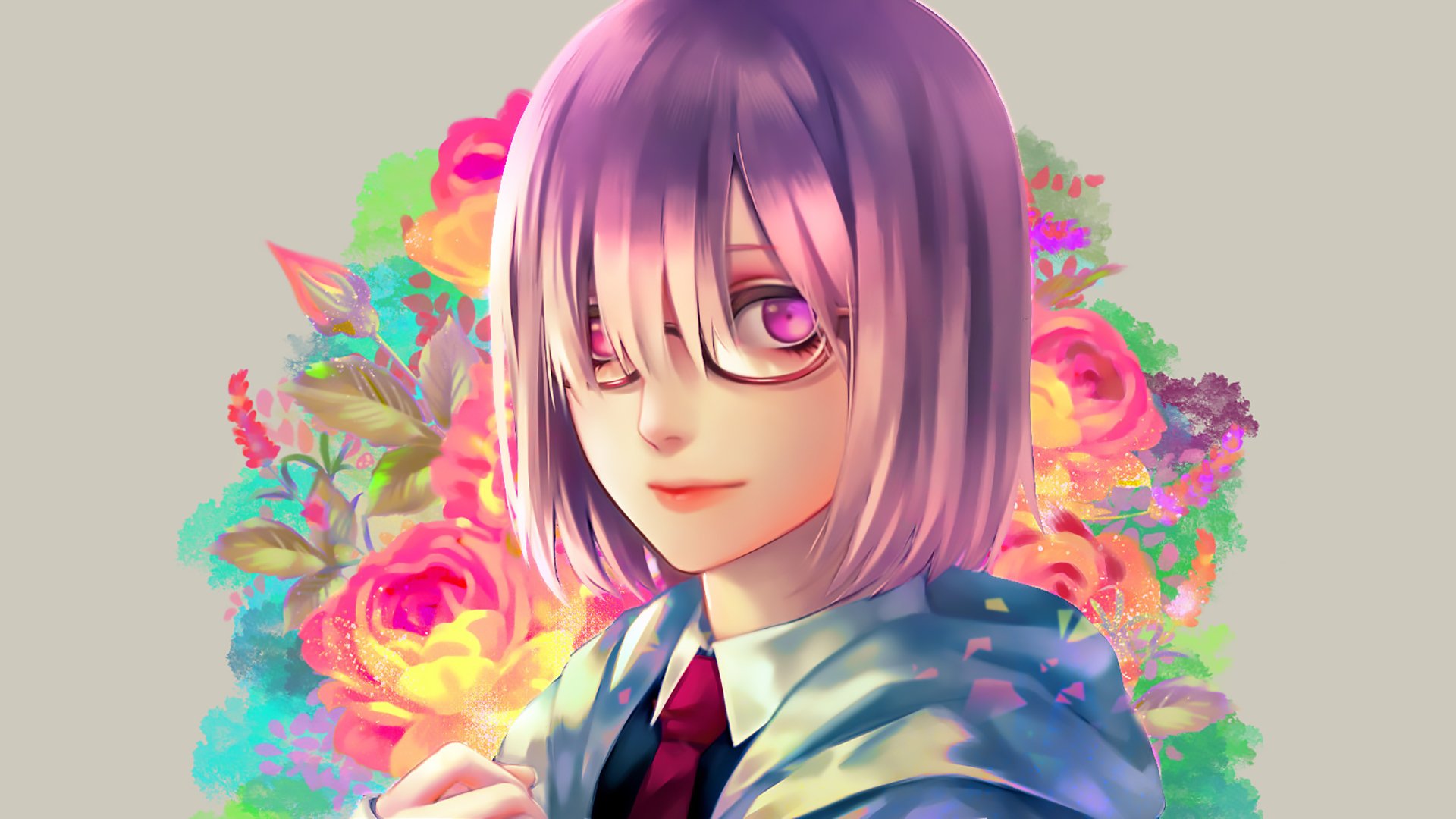 Anime HD desktop wallpaper of Mashu Kyrielight (Fate/Grand Order): purple bob and glasses in a school uniform, soft smile against a vivid, colorful floral background.