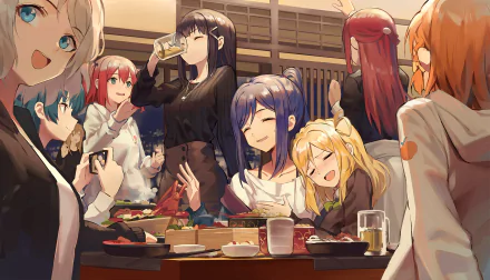 A vibrant scene featuring Hanamaru Kunikida, You Watanabe, Yoshiko Tsushima, Chika Takami, Riko Sakurauchi, Mari Ohara, Kanan Matsuura, Ruby Kurosawa, and Dia Kurosawa from Love Live! Sunshine!! Enjoying a lively meal together.