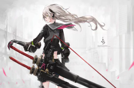 HD anime wallpaper featuring an original character with white hair in a black outfit, holding dual swords against a cityscape background with pink petals.