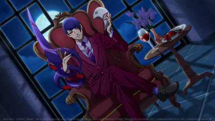 A character with blue hair and red eyes sits on a throne at night, holding a mask and kagune, surrounded by flowers and a glass of wine in a stylish anime scene from Tokyo Ghoul.