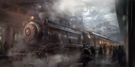 A steampunk-inspired sci-fi train station with a dark, atmospheric steam locomotive and passengers amidst fog, captured in HD for a desktop wallpaper background.