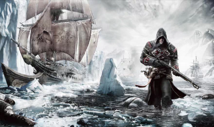 HD wallpaper from Assassin's Creed: Rogue featuring a hooded assassin with a gun standing on icy waters near a large ship in a snowy, stormy setting.