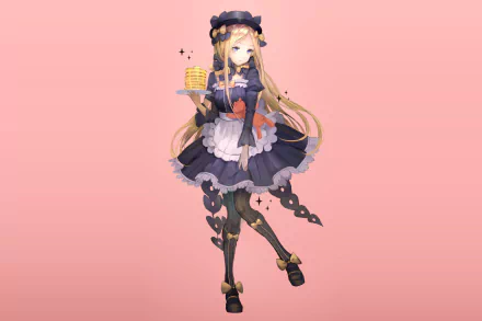 HD PC desktop wallpaper/background featuring Abigail Williams (Fate/Grand Order), anime-style, standing in a gothic maid dress with long blonde hair and ribbons on a soft pink gradient backdrop.