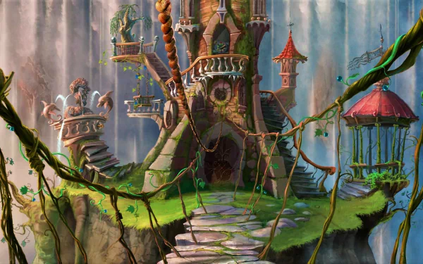 HD desktop wallpaper featuring a fantasy castle with a whimsical design. The scene includes a tree and a fountain, with lush greenery and mystical elements surrounding the structure.