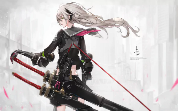 HD anime wallpaper featuring an original character with white hair in a black outfit, holding dual swords against a cityscape background with pink petals.