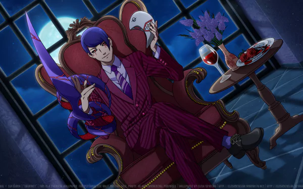 A character with blue hair and red eyes sits on a throne at night, holding a mask and kagune, surrounded by flowers and a glass of wine in a stylish anime scene from Tokyo Ghoul.