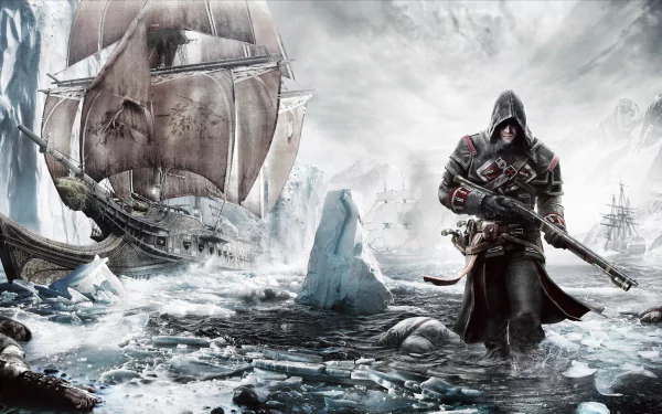 HD wallpaper from Assassin's Creed: Rogue featuring a hooded assassin with a gun standing on icy waters near a large ship in a snowy, stormy setting.