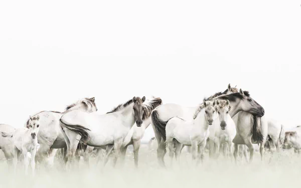 HD desktop wallpaper featuring a serene group of white horses and foals standing softly against a light background, capturing the gentle beauty of baby animals.