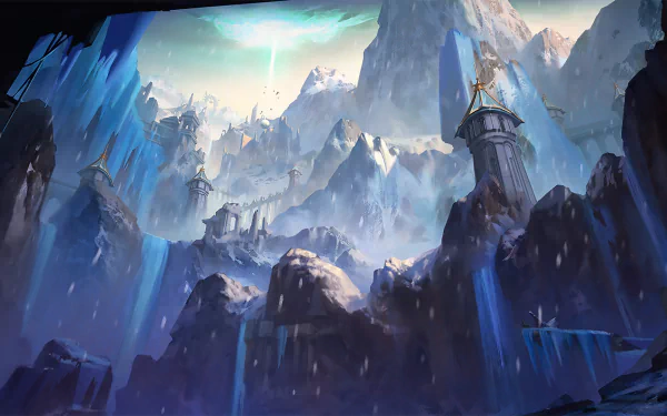 A fantasy landscape featuring towering snowy mountains, frost-covered rocky peaks, and ancient buildings nestled within an icy, mystical environment. HD desktop wallpaper.