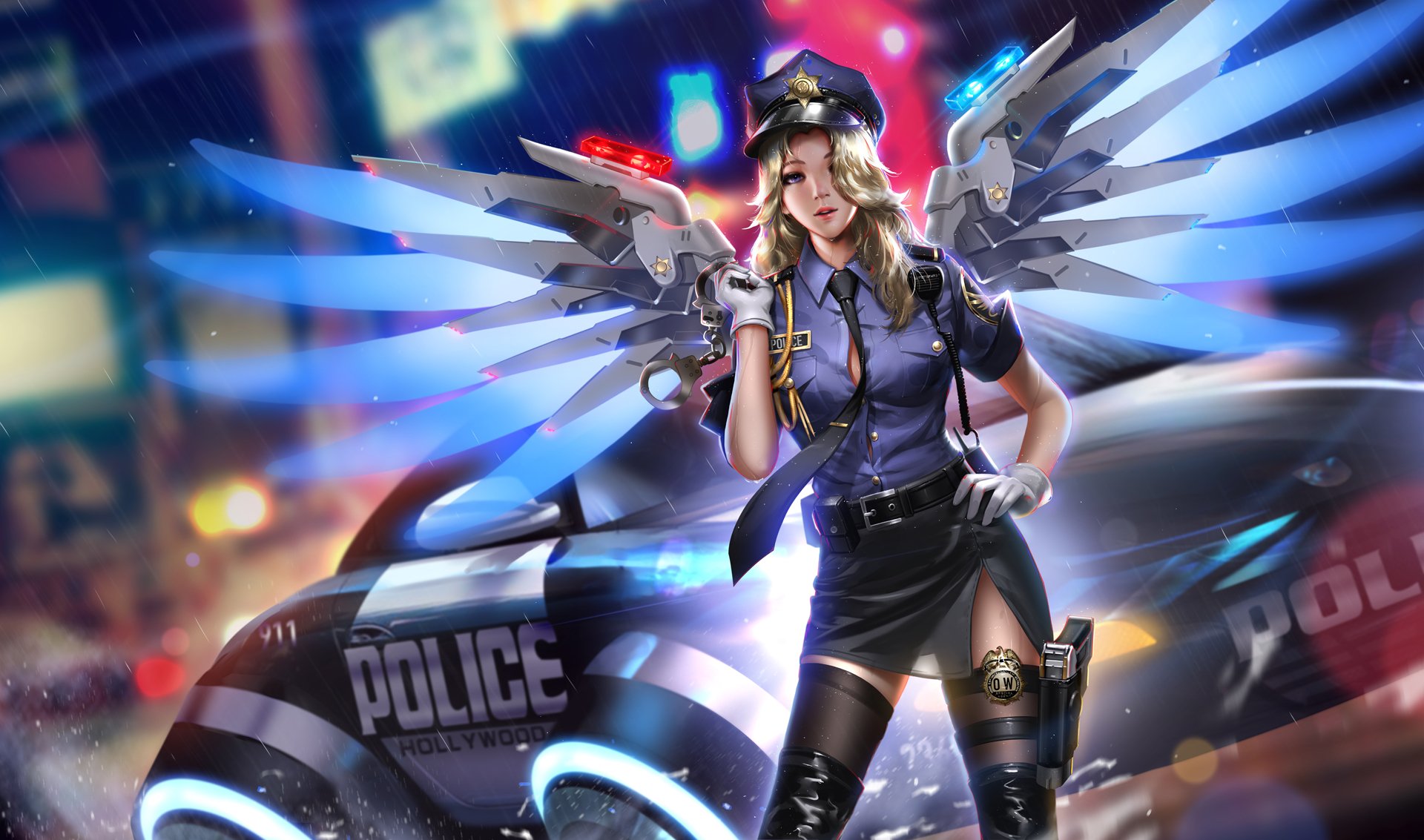 HD desktop wallpaper featuring Mercy from the video game Overwatch, dressed in a police-themed outfit with large wings, standing in front of a futuristic police car against a vibrant, lit-up city background.