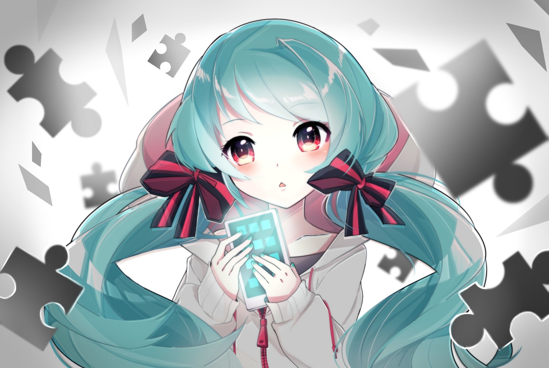 HD anime wallpaper featuring Hatsune Miku, the iconic Vocaloid character, holding a glowing cube against a backdrop of floating puzzle pieces.