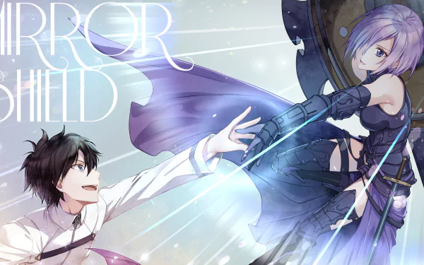 HD anime desktop wallpaper of Fate/Grand Order: Mashu Kyrielight in purple armor raising her shield as Fujimaru Ritsuka (male) reaches toward her amid light and rain-like streaks.