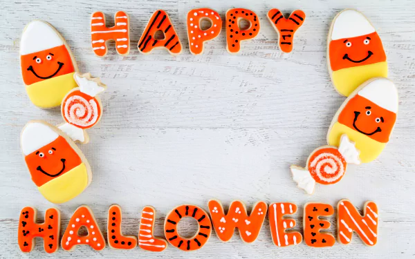 Colorful Halloween-themed cookies spelling Happy Halloween surround smiling candy corn and swirl lollipop cookies on a white wooden background in 4K Ultra HD detail.