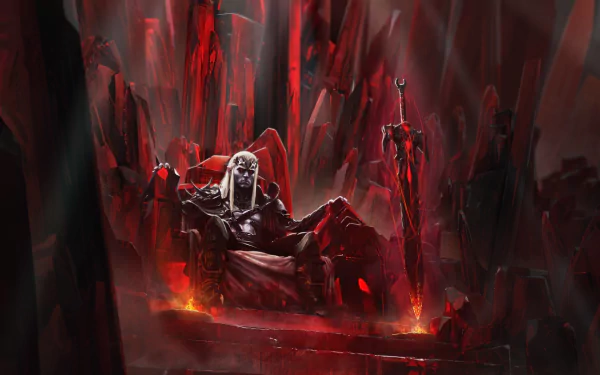 HD desktop wallpaper featuring an elf fantasy warrior seated on a throne surrounded by red crystals, with a sword standing vertically beside them. An atmosphere of mysticism and power pervades the scene.