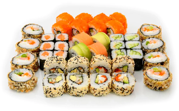 A vibrant assortment of sushi rolls featuring rice, fish, and seafood, presented as a 4K Ultra HD PC desktop wallpaper and background.