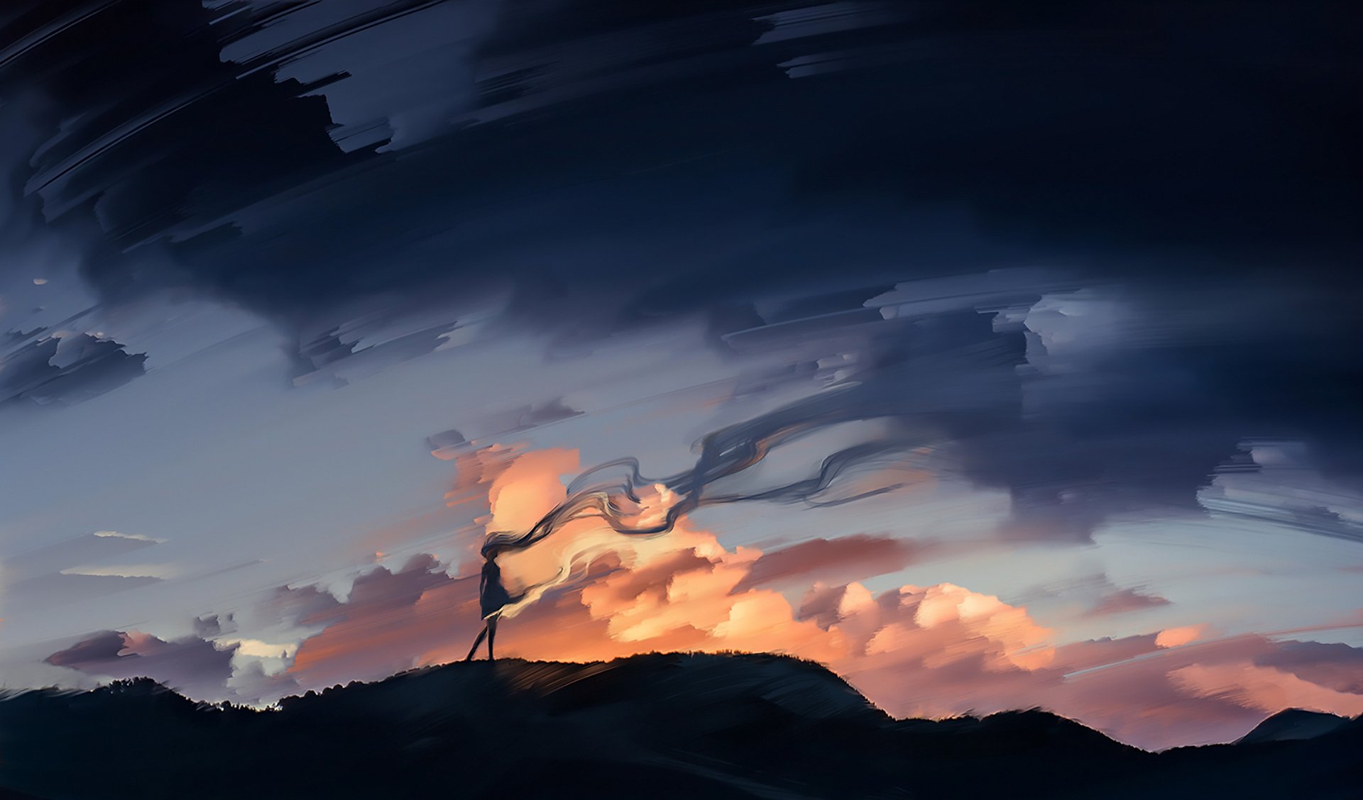 Anime-style HD desktop wallpaper depicting a dramatic evening sunset with storm clouds and a solitary figure standing on a hill, blending vibrant colors and atmospheric depth.