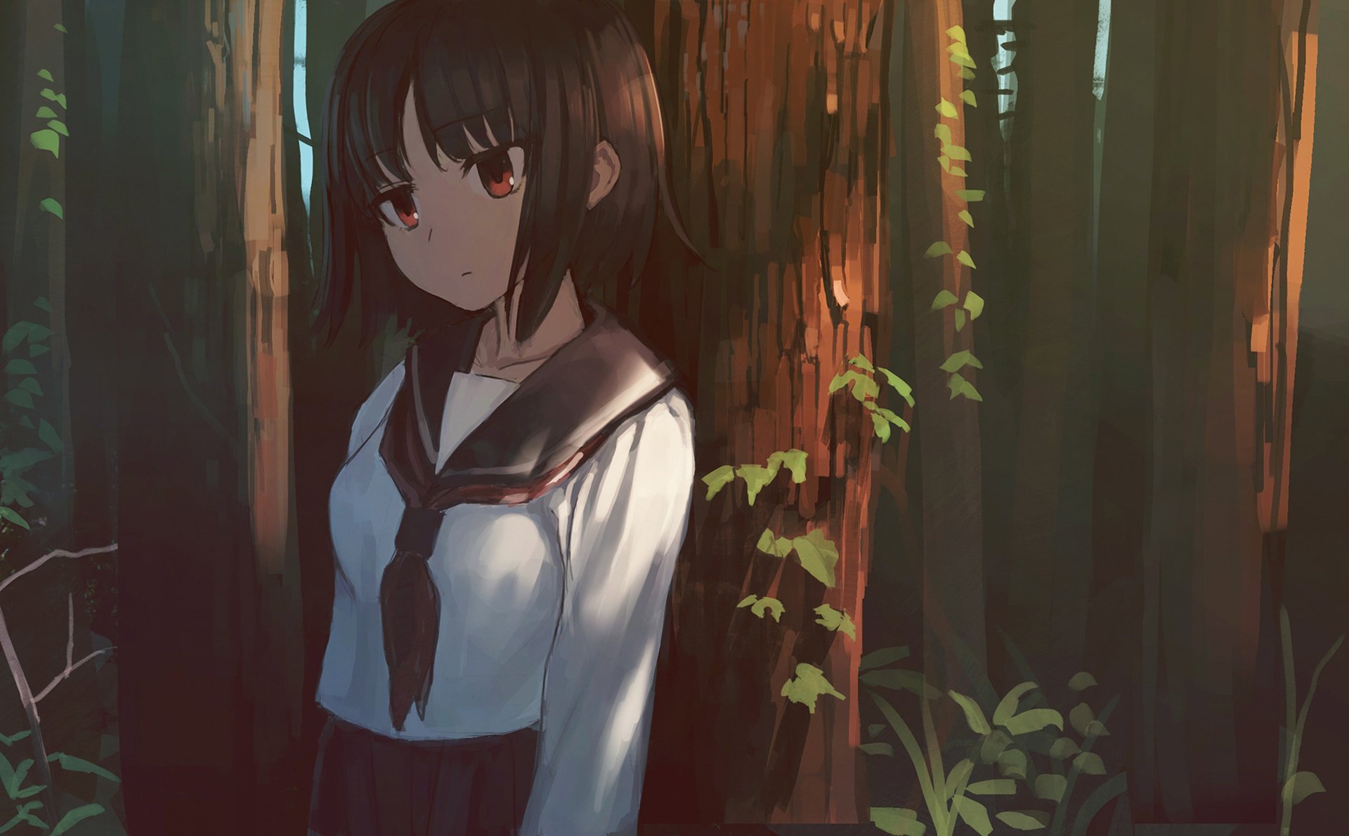 Anime-style original artwork of a schoolgirl with red eyes in a school uniform, standing against a tree in a sunlit forest, HD desktop wallpaper background.