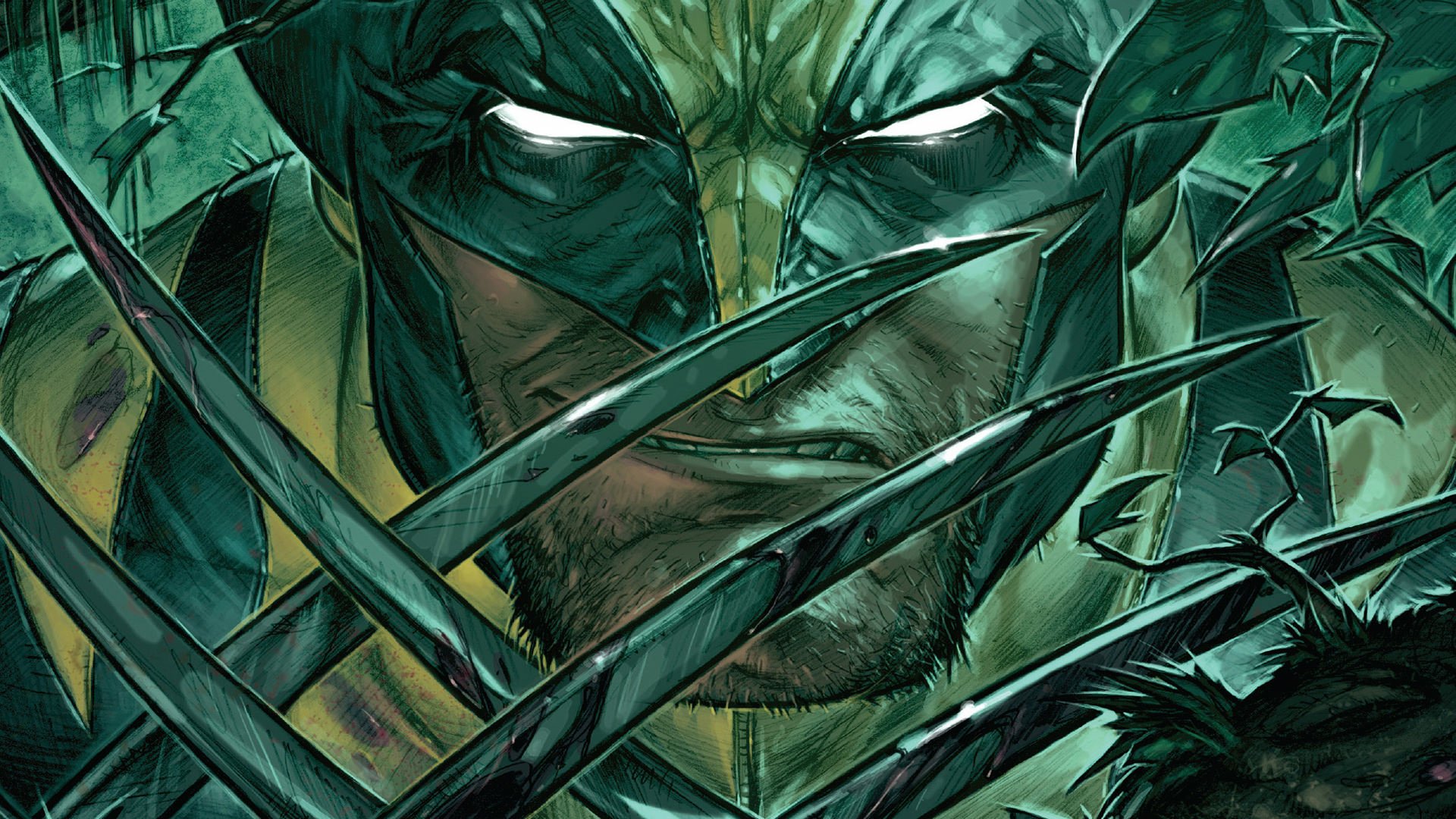 HD PC wallpaper/background: gritty comic close-up of Wolverine (X-Men) — masked face, intense eyes and extended adamantium claws slicing across a green-tinted panel.