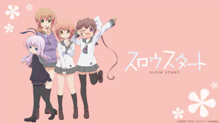 HD desktop wallpaper of the anime Slow Start featuring Eiko Tokura, Kamuri Sengoku, Tamate Momochi, and Hana Ichinose posing together on a pink floral background.