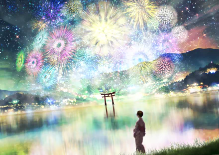 An anime scene featuring a person in Japanese clothes, standing by a lake at night, with colorful fireworks illuminating the sky and a torii gate in the background. HD desktop wallpaper and background.