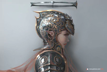 HD desktop wallpaper featuring a detailed, ethereal character from the comic GhostBlade, adorned in ornate armor with a helmet and flowing hair, set against a neutral background.