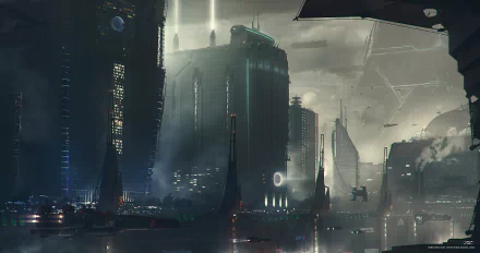 HD desktop wallpaper showing a futuristic sci-fi city with towering buildings, flying vehicles, and advanced architecture illuminated by various lights.