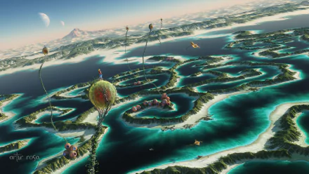 HD PC desktop wallpaper showcasing a sci-fi landscape of an island with intricate waterways, futuristic structures, and distant celestial bodies under a bright sky.