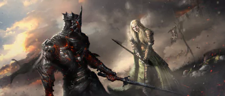 HD wallpaper depicting Éowyn and the Witch-king of Angmar in a dramatic confrontation, featuring detailed armor and swords, set in a fantasy, war-torn landscape from The Lord of the Rings.