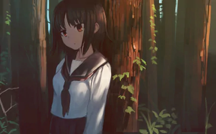 Anime-style original artwork of a schoolgirl with red eyes in a school uniform, standing against a tree in a sunlit forest, HD desktop wallpaper background.