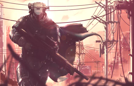 Anime-style original HD desktop wallpaper featuring a figure in armor holding a rifle against an urban backdrop with power lines and a warm sunset glow.