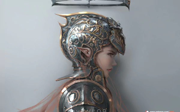 HD desktop wallpaper featuring a detailed, ethereal character from the comic GhostBlade, adorned in ornate armor with a helmet and flowing hair, set against a neutral background.