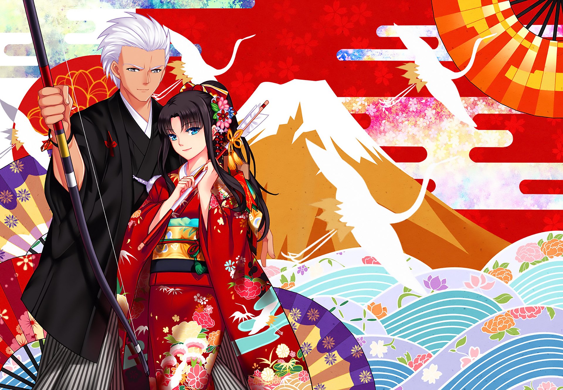 HD anime desktop wallpaper featuring Rin Tohsaka and Archer from Fate/Stay Night in traditional attire with a vibrant red and gold Japanese-inspired background.