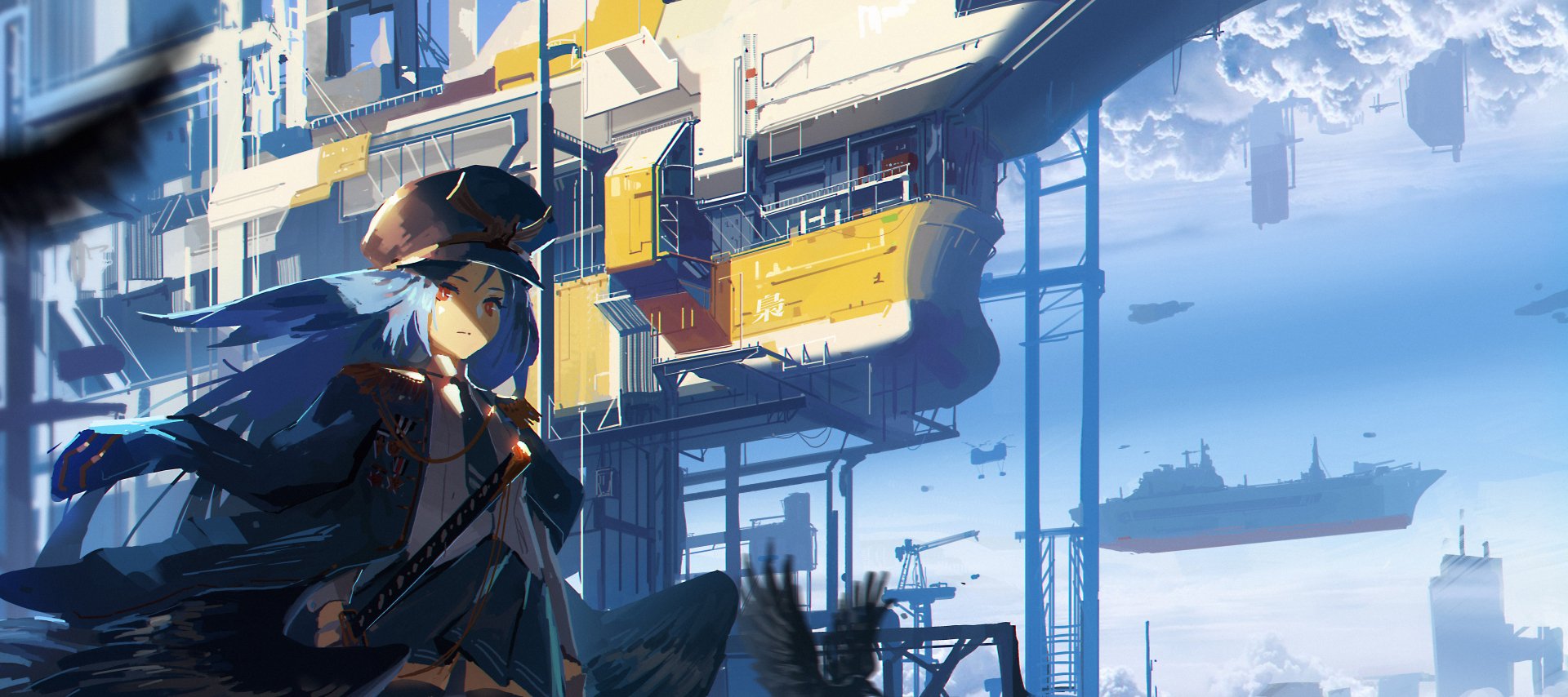 Anime-style 4K Ultra HD wallpaper featuring a blue-haired character with red eyes and a hat, holding a katana, set against a sky filled with clouds and warships.