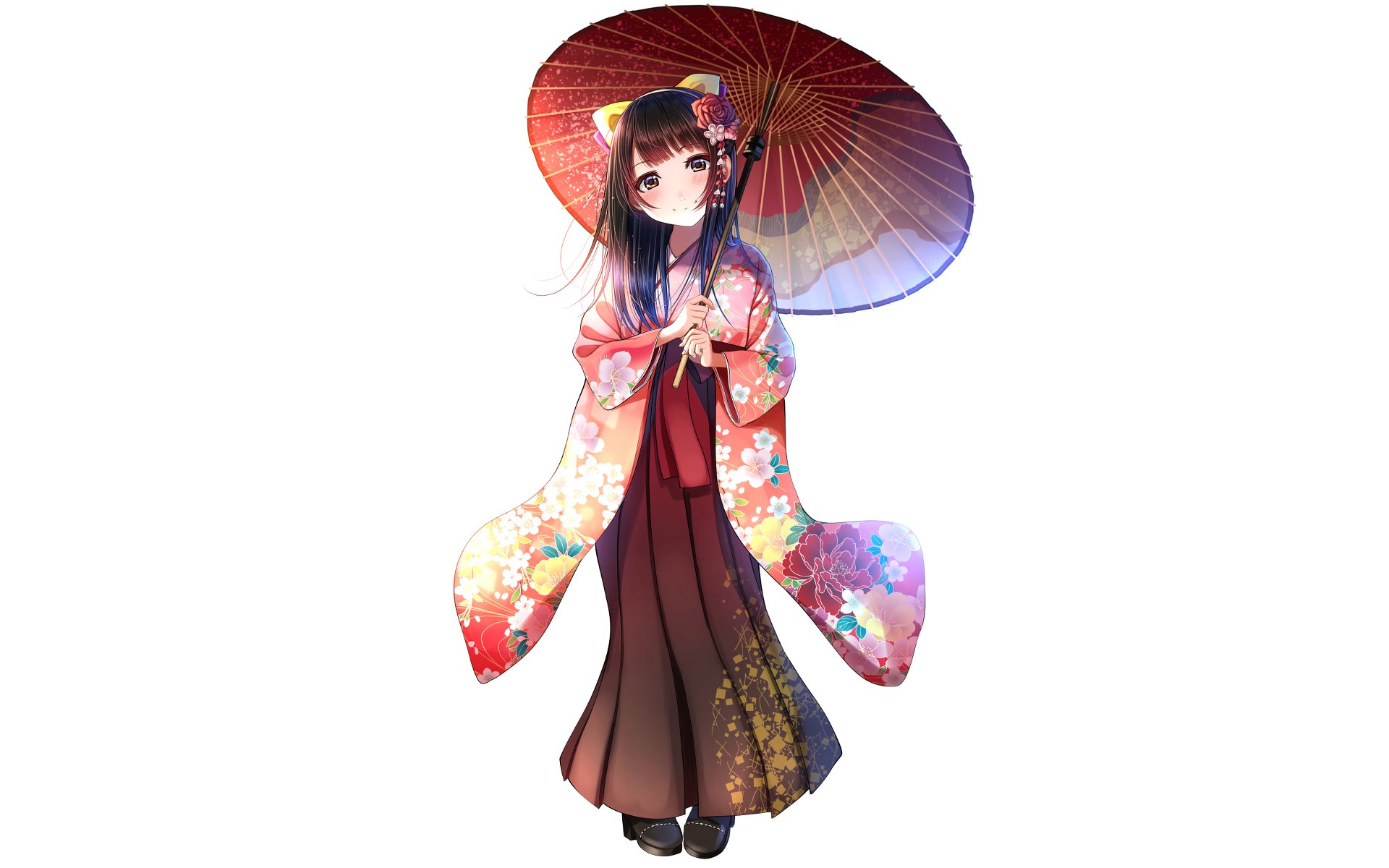 Anime original of a brown-haired girl in traditional Japanese kimono with ribbon, holding a red parasol, floral patterns and vivid colors — HD PC desktop wallpaper background.