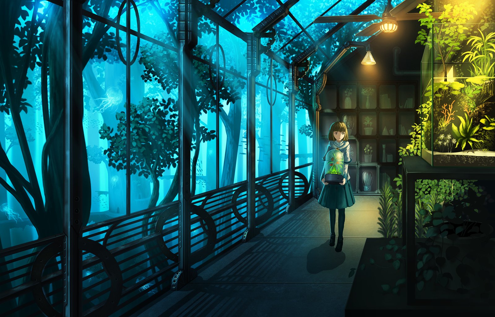 Anime original night botanic garden HD PC desktop wallpaper: a lone girl stands in a glass greenhouse walkway, moonlit trees outside, warm lamps and glowing plants inside.