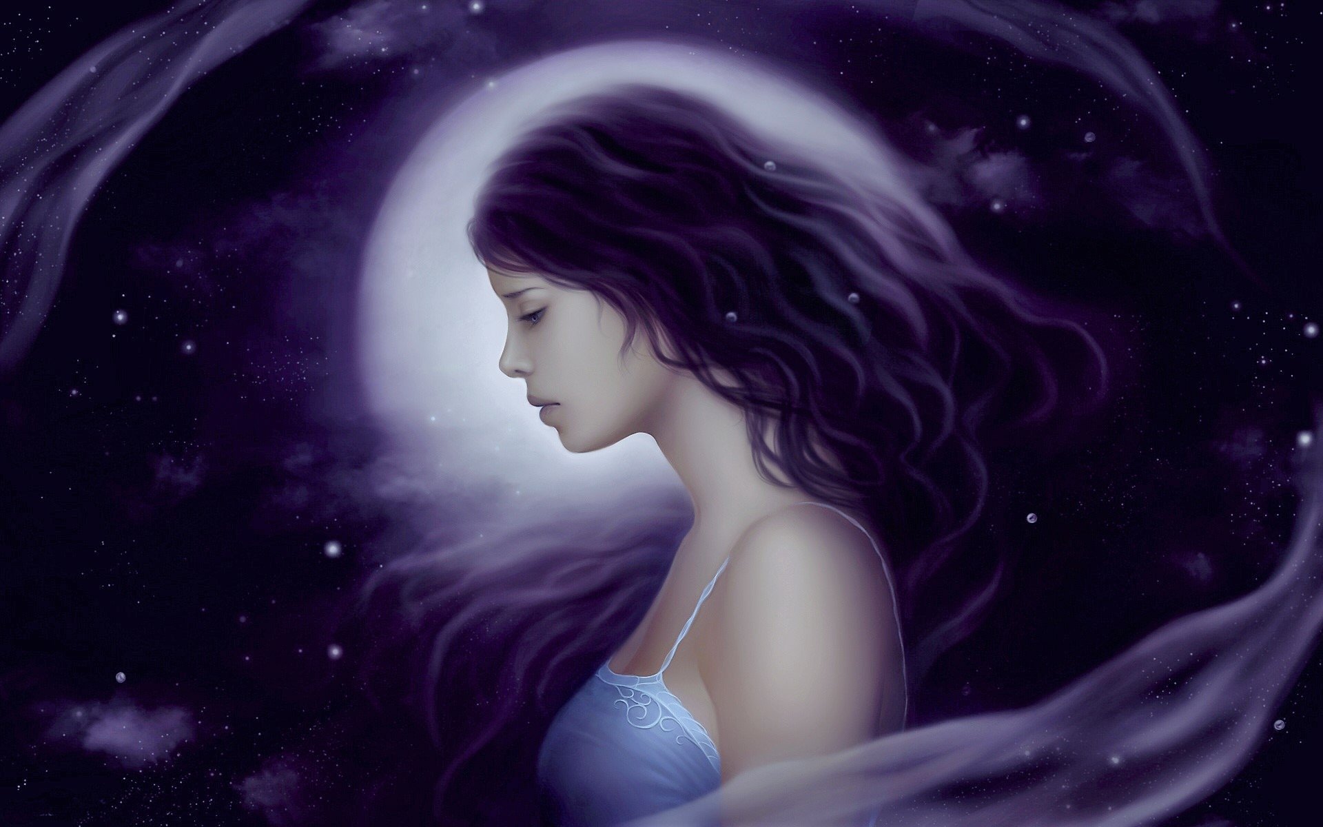 HD PC desktop wallpaper background: purple fantasy night scene of a woman's profile beside a glowing moon.