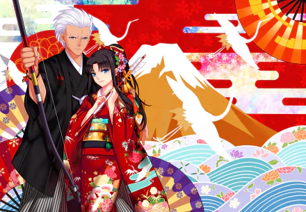 HD anime desktop wallpaper featuring Rin Tohsaka and Archer from Fate/Stay Night in traditional attire with a vibrant red and gold Japanese-inspired background.