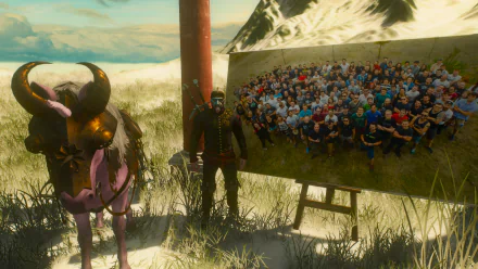 HD PC desktop wallpaper featuring Geralt of Rivia from the video game The Witcher 3: Wild Hunt standing next to a bull and a large group photo in a snowy landscape.