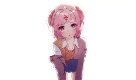 HD desktop wallpaper featuring Natsuki from the video game Doki Doki Literature Club!, showing her with pink hair and a school uniform against a white background.