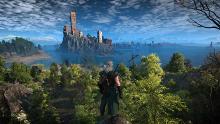 Geralt of Rivia overlooking a lush landscape with a castle across the water in this HD PC desktop wallpaper from The Witcher 3: Wild Hunt video game.