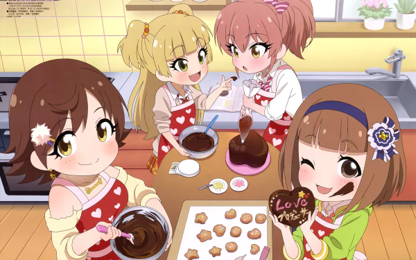 Anime-style 4K Ultra HD desktop wallpaper featuring Kanako Mimura, Rika Jougasaki, Mio Honda, and Mika Jougasaki from The iDOLM@STER Cinderella Girls baking together in a kitchen.