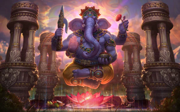 HD desktop wallpaper featuring Ganesha from the video game Smite. The deity, with an elephant head, holds a lotus and a spear while seated amidst ornate pillars against a mystical background.