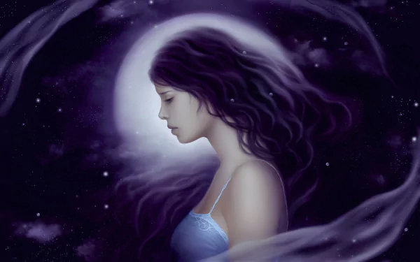 HD PC desktop wallpaper background: purple fantasy night scene of a woman's profile beside a glowing moon.