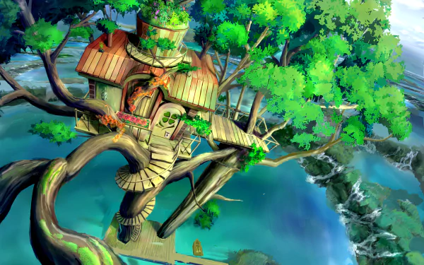 treehouse tree lake Anime Original HD Desktop Wallpaper | Background Image