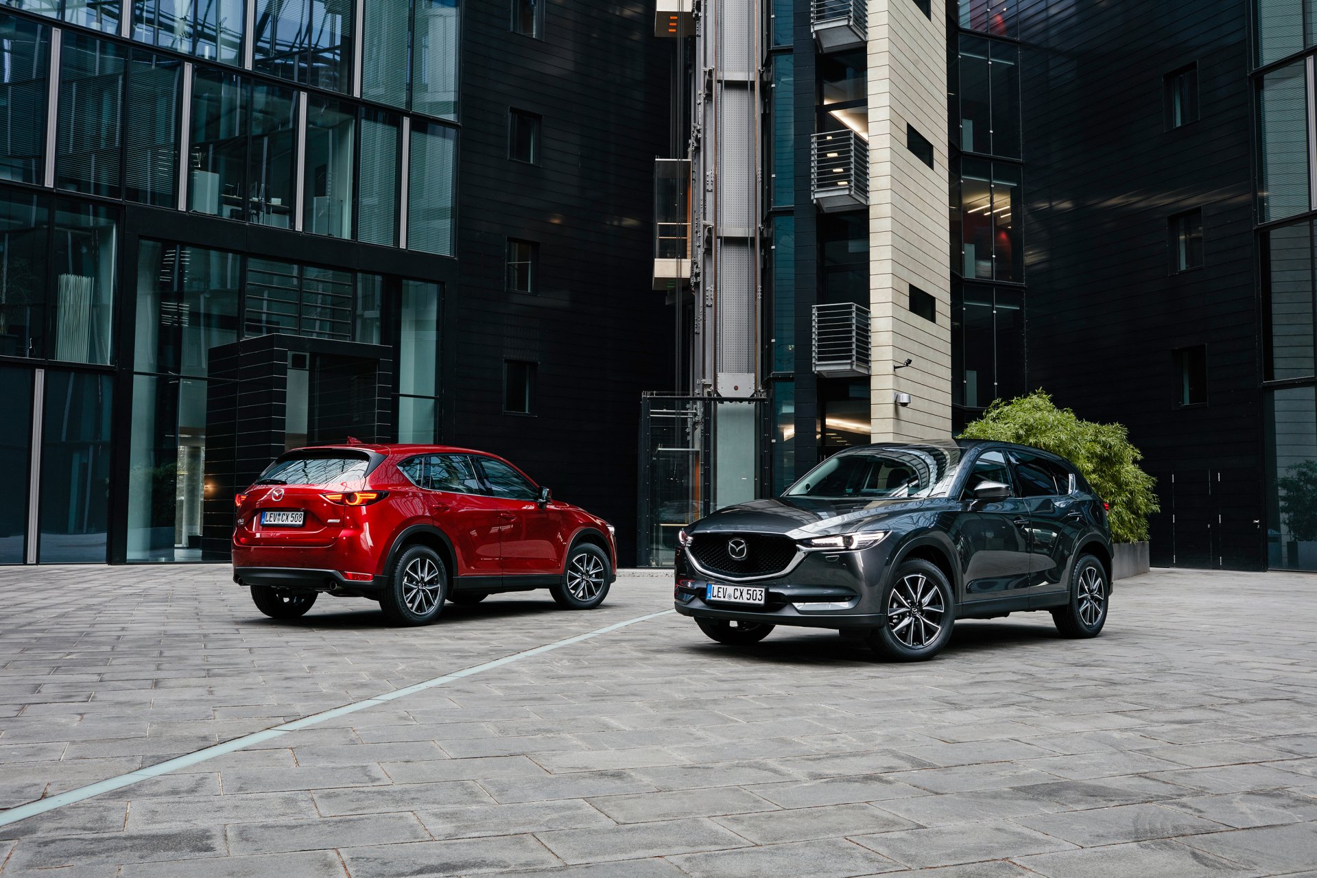 Two Mazda CX-5 SUVs, red and gray, parked in a modern glass-and-concrete plaza, shown as a 2K Quad HD PC desktop wallpaper background.