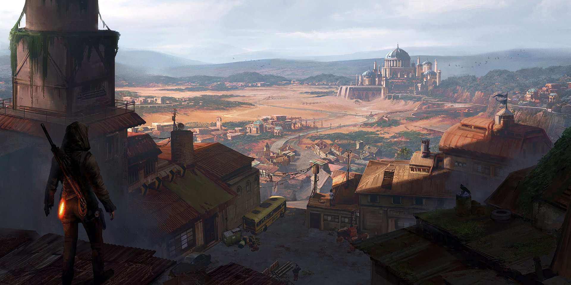 HD desktop wallpaper featuring a fantasy village landscape with a person holding a gun, a yellow bus, and a distant domed building on a hill against a backdrop of mountains and open plains.