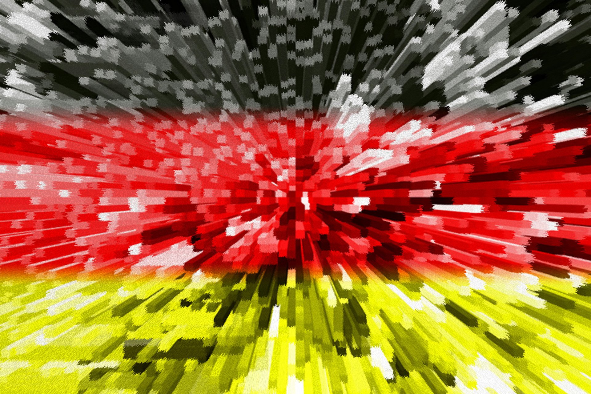 Abstract zoomed-pixel rendering of the German flag (black, red, gold) as an HD PC desktop wallpaper/background with a dynamic 3D burst effect.