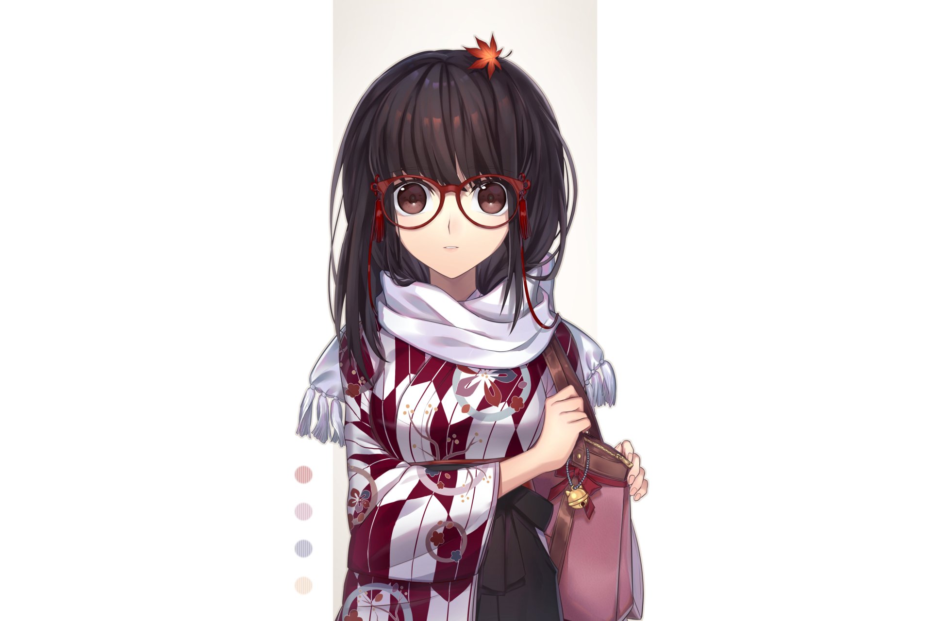 HD anime original artwork of a girl with dark hair, red glasses, a patterned kimono, and a white scarf, designed as a PC desktop wallpaper and background.