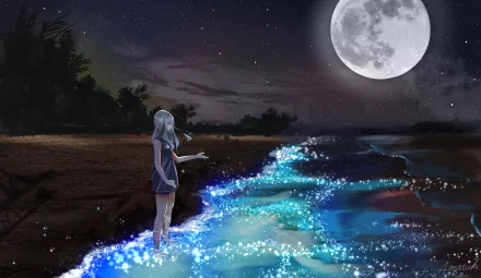 Anime-style HD desktop wallpaper depicting a girl standing on a glowing shore under a bright full moon on a clear night.